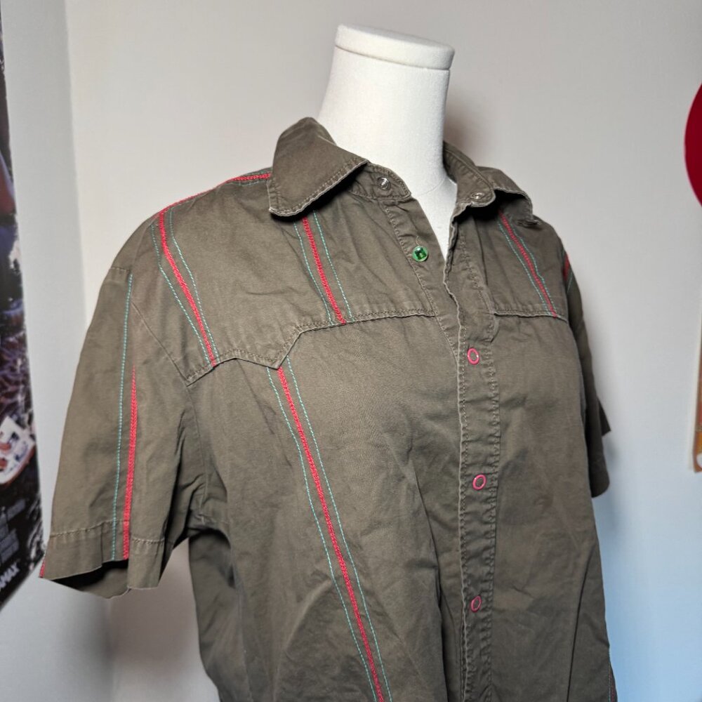 Diesel Olive Green Button-Down Shirt with Red Trim - Picture 3 of 11
